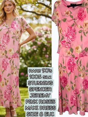✨ RARE Vintage 90s Spenser Jeremy 100% Silk Pink Rose Maxi Dress - 8 ✨